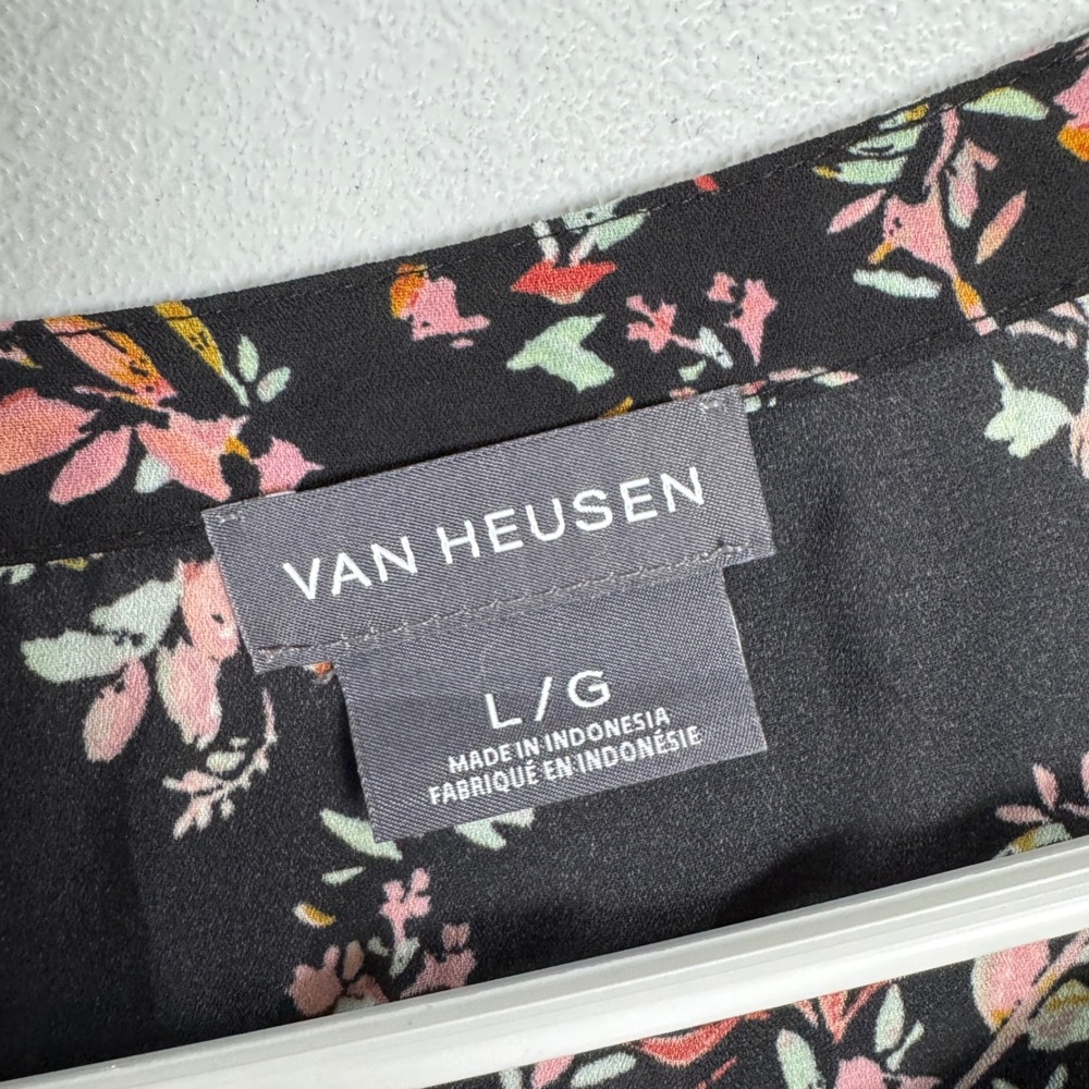 Van Heusen Womens Floral Blouse Black Pink Clip Dot Sheer Long Sleeve Top Large - Picture 6 of 9